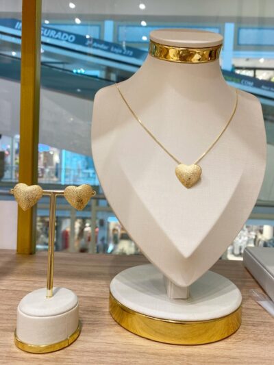 Conjunto Coração Fosco Banhado em Ouro 18k